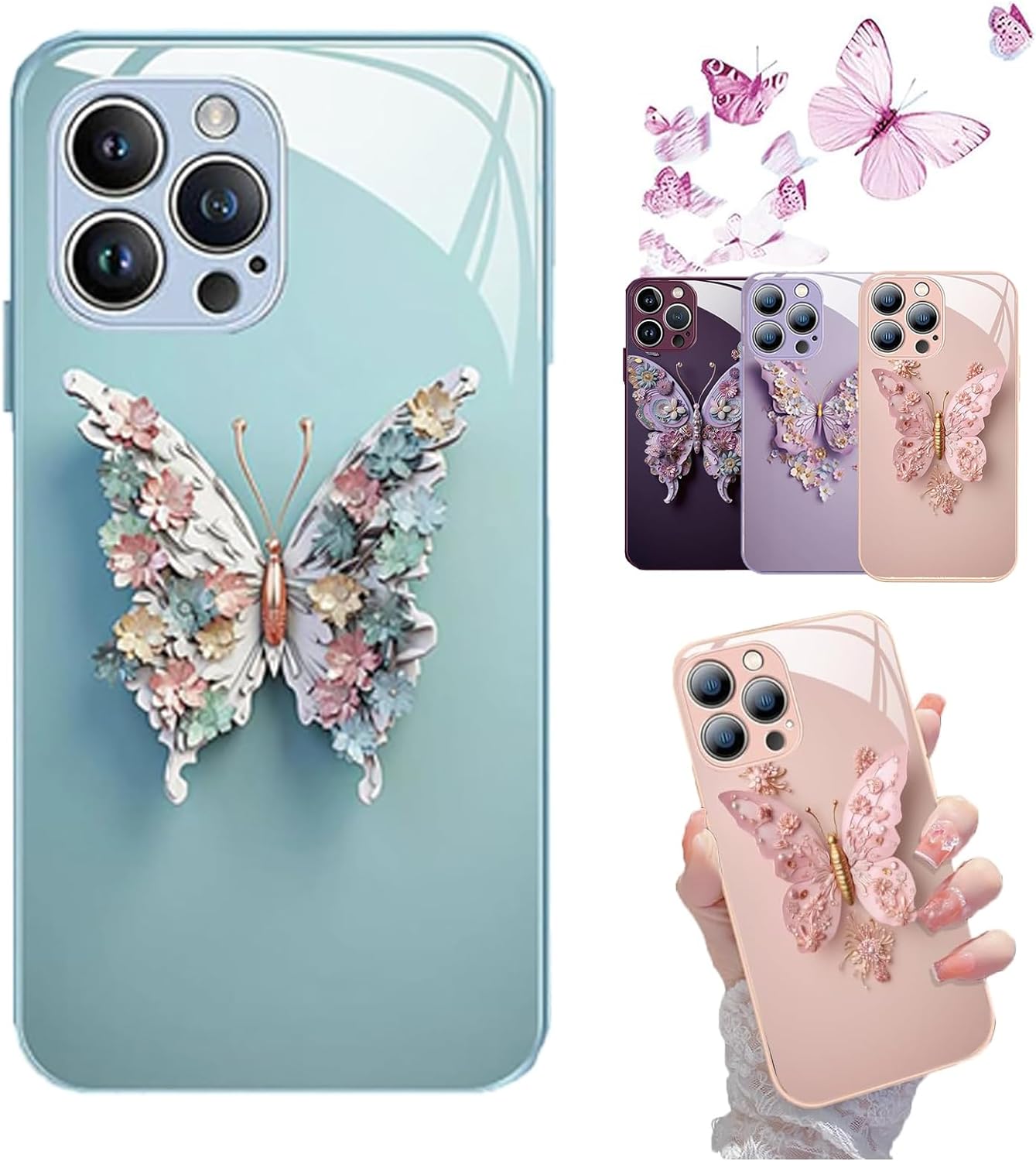 Flat 3D Butterfly Pattern Glass Cover Compatible with iPhone 14 13 12 11 Pro ProMax Plus (Purple,for iPhone 12Pro)