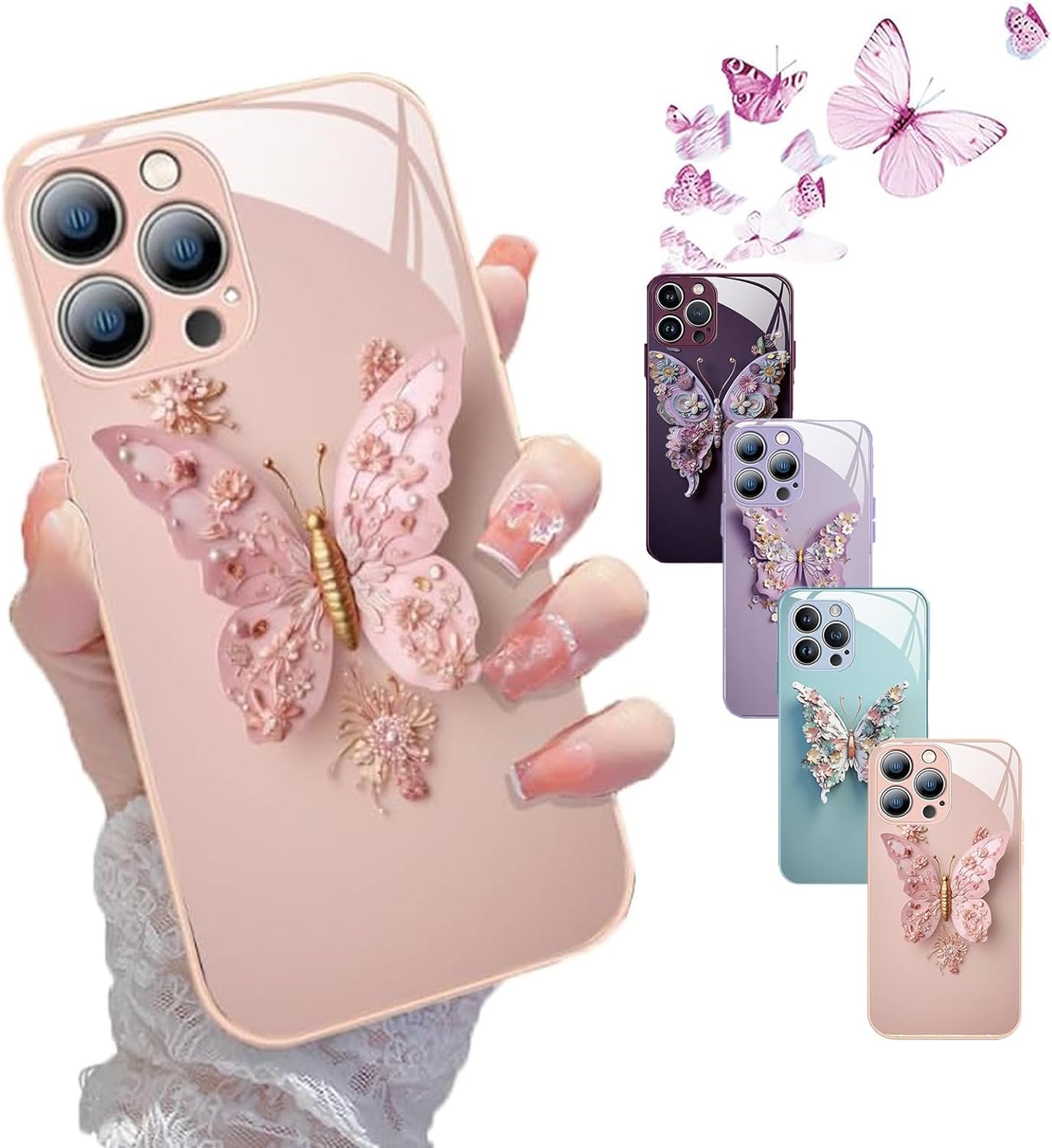 Flat 3D Butterfly Pattern Glass Cover Compatible with iPhone 14 13 12 11 Pro ProMax Plus (Purple,for iPhone 12Pro)