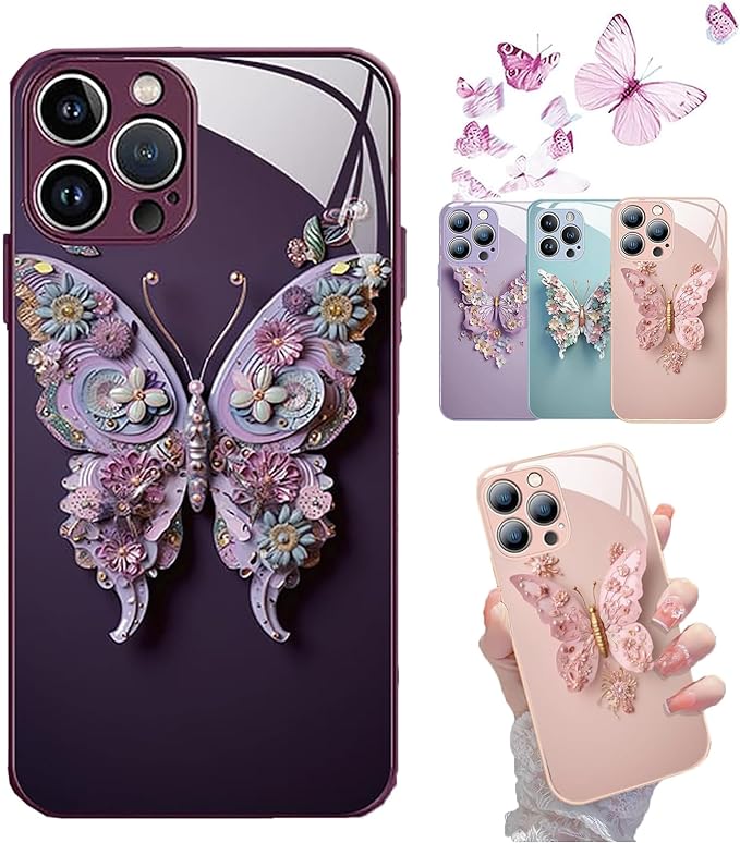 Flat 3D Butterfly Pattern Glass Cover Compatible with iPhone 14 13 12 11 Pro ProMax Plus (Purple,for iPhone 12Pro)